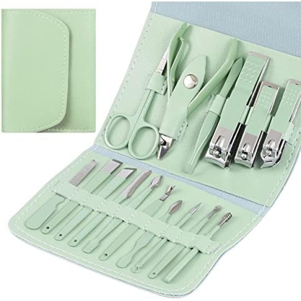 XMOSNZ Manicure Set 16 in 1 Stainless Steel Nail Clipper Kit Professional Grooming Kits Face Hand Foot Skin Care and Nail Care Tools with Leather Travel Case (16,Green)
