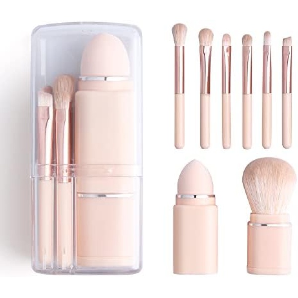 YIHUALE Small Makeup Brush, 8 in 1 Portable Travel Makeup Brush Set, Powder Brush, Eyeshadow Brush, Lip Brush, Eyebrow Brush and Foundation Brush Powder Puff Suitable for Daily Makeup - Pink