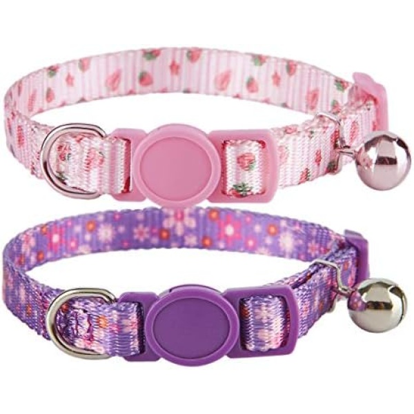 YUDOTE Breakaway Cat Collar with Bell, 2 Pack Adjustable Cat Collars Cute Safety Purple Pink Kitty Female Cat Collar