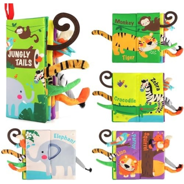 beiens Baby Books Toys, Soft Toys Baby Cloth Books, Touch and Feel Crinkle Books for Babies Infants Toddler Early Development Interactive Car Toys & Stroller Toys for Boys Girls (Jungle Tails-1 Book)