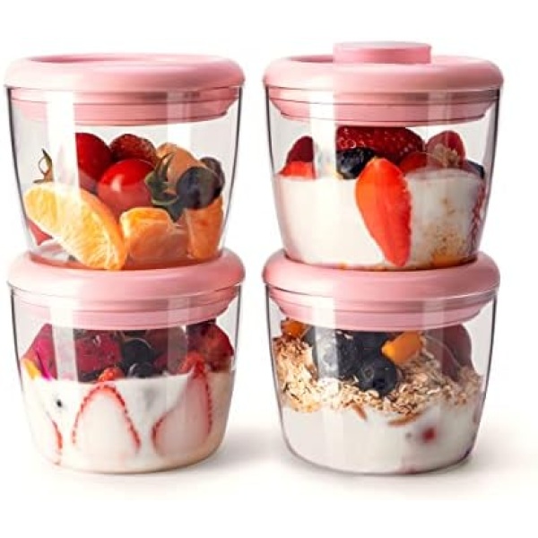 meal prep container, 14oz 400ml set of 4 overnight oats containers with lids, airtight leakproof pop top lid bowl for breakfast leftovers, glass-like clarity clarity tritan material food storagecontainer