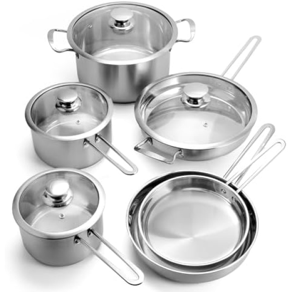 10-Piece Stainless Steel Pots and Pans Set, Kitchen Cookware Sets Nonstick, Induction Pots and Pans, Cooking Set with Glass Lids, Frying Pans & Saucepan Compatible with All Stovetops