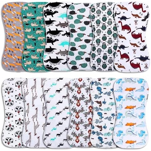 12 Pack Burp Cloths & Bibs with 2-in-1 Large Size and 3-Layer Cotton Absorbent and Soft Burping Rags for Girls and Boys