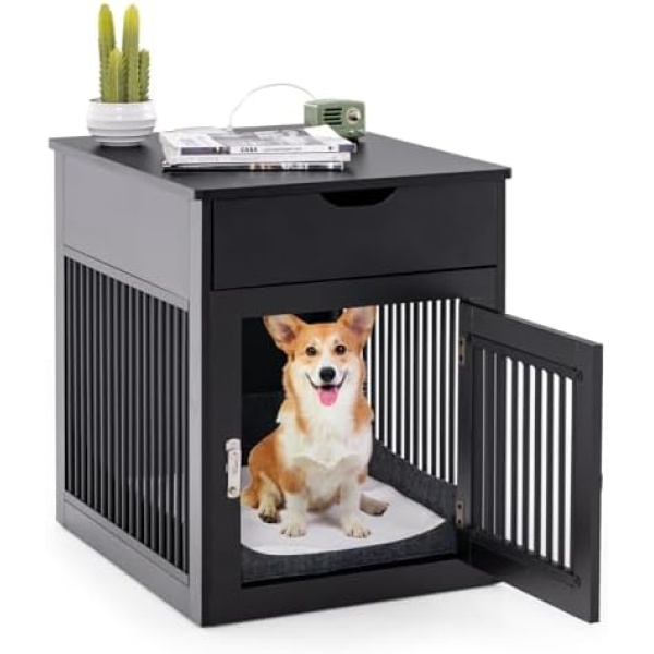 Giantex Dog Crate Furniture, Dog Kennel End Table with Chew-Proof Metal Fence, Lockable Door, Storage Drawer, Wired and Wireless Charging, Wooden Pet Cage Side Table Indoor (Black)