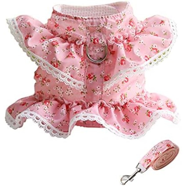2 Pack Dog Dress Harness Vest with Leash, Pet Flower Outfit Clothes Spring Summer, Cute Puppy Harness Leash Set, Doggy Lace Princess Costume for Outdoor Walking, Clothing for Small Medium Girl Cat Dog