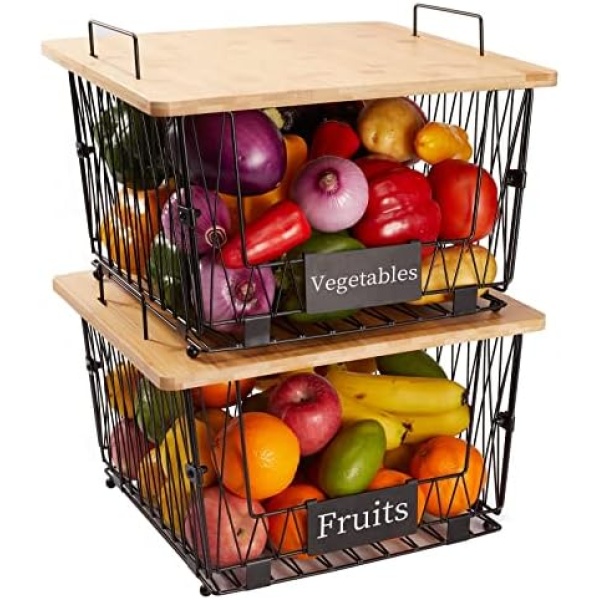 2 Pack Stackable Wire Storage Baskets with Wood Lid- Kitchen Countertop Organizer for Fruit Vegetable -Large Metal Bin for Pantry Organization and Storage, Black