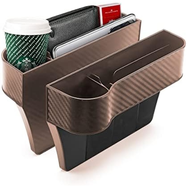 2 Packs Car Seat Gap Filler Organizer, Multifunctional Seat Gap Storage Box with Cup Holder, Console Side Extra Pouchs with USB Car Charger, Auto Accessories for Cellphone Wallet Key (Brown)