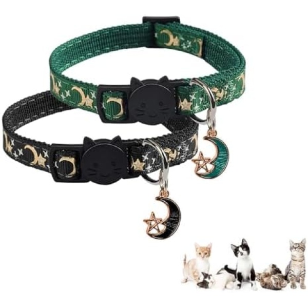 2 Pcs Pet Collars,Adjustable Moon and Star Kitten Safety Collars Quick Release Safety Breakaway Dog Collar(Green+Black)
