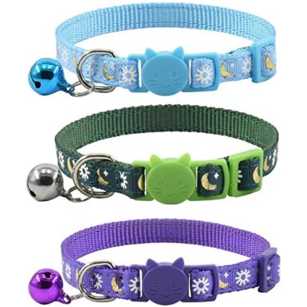 3 PCS Breakaway Cat Collar with Bell, Moon Cat Collar Adjustable Cute Kitten Collars Soft for Cat Puppy 7-10.2in (Blue Green Purple)