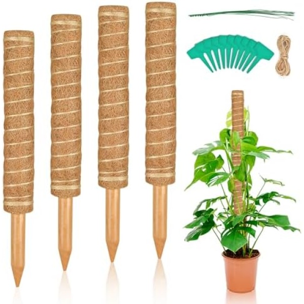 4 Pack 15.7 Inches Moss Pole Plant Support for Monstera, Coir Totem Plant Pole with 10 Garden Cable Ties, Coir Support Sticks for Plants Climbing to Grow Upwards (4-Pcs)