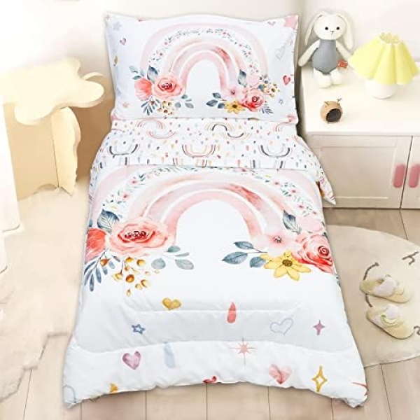 4 Pieces Toddler Bedding Set for Girls and Boys, Include Comforter, Flat Sheet, Fitted Sheet, Pillowcase, Boho Rainbow Floral