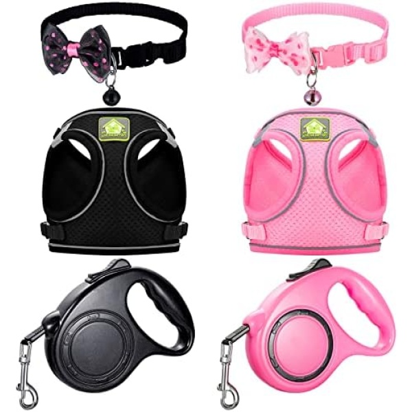 6 Pcs Small Dog Harness with Retractable Leash and Bowknot Pet Collar Set Soft Mesh Padded Vest Harness 10 FT Pet Walking Leash with Anti Slip Handle Adjustable Puppy Collar for Dog Cat (M)