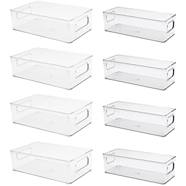 8 Pcs Plastic Storage Bins for Freezer, Pantry, Countertop, Cabinet Organization, Stackable Food Storage Organizer with Handles, BPA Free, 10 x 6 x 3 Inch, 10 x 4 x 3 Inch