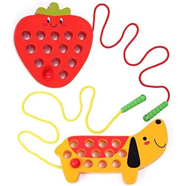 AISHUN Wooden Lacing Threading Toys Fine Motor Skill Toys for 3 Year Old Educational and Learning Montessori Toddler Travel Toy 1 Strawberry and 1 Dog