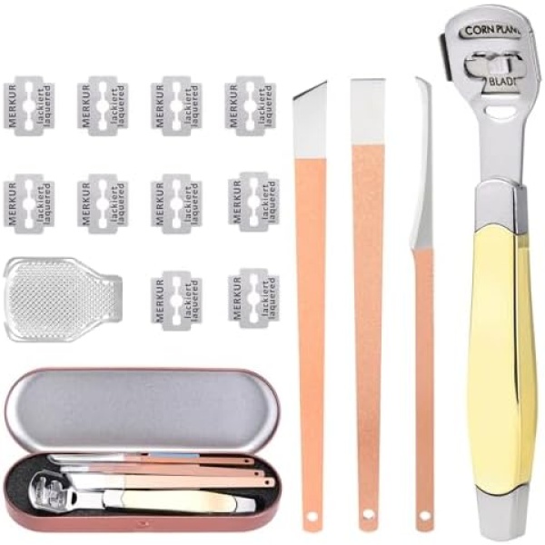 AUXSOUL Foot Files Callus Remover, 15 Pcs Feet Care Pedicure Kit Rasp File Dead Skin Scraper Callus Remover Blade Shaver with 10* Blades,Protection Cap,Storage Box,Heel Scraper Tool(Champagne)