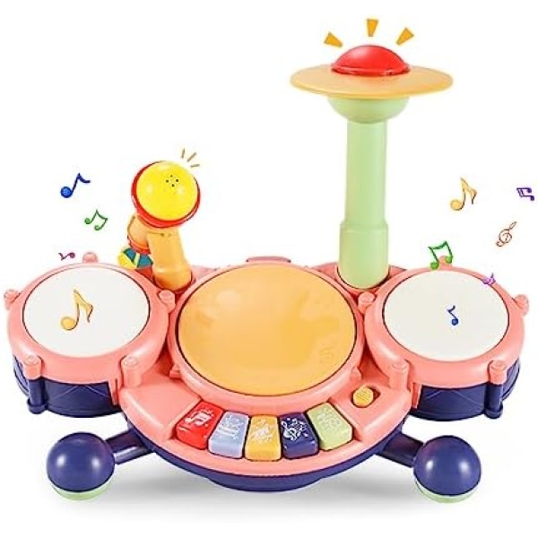 Aomola Kids Drum Set for Toddlers - Electronic Musical Instruments Toys with Flash Light, Adjustable Microphone for Musical Playtime