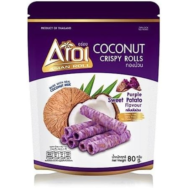 Aroi Coconut Crispy Rolls, Purple Sweet Potato Flavor, 80g