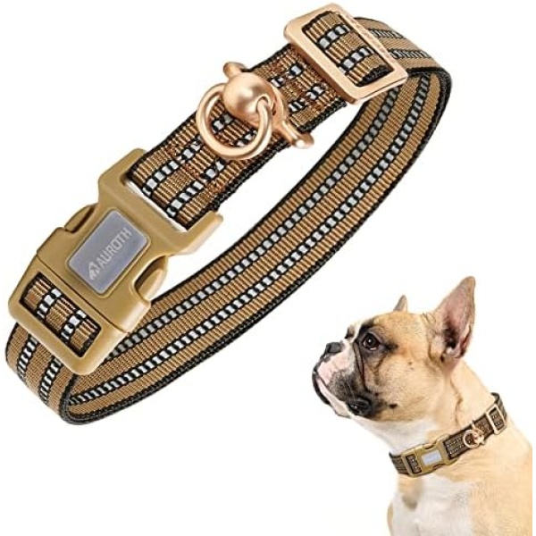 Auroth Dog Collar for Medium Large Dogs, Reflective Dog Collar, Soft Nylon Adjustable Dog Collars with Heavy Duty Metal D Ring Tangle Free (Medium:12"-19.6", Army Yellow)