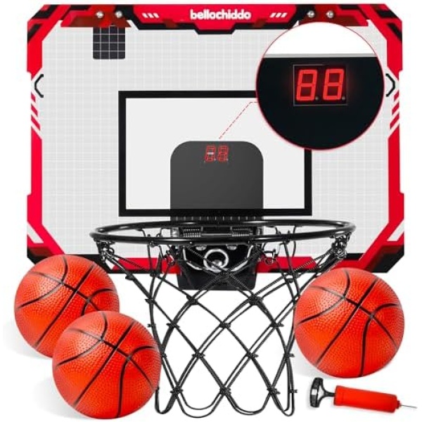 BELLOCHIDDO Basketball Hoop Indoor with Electronic Scorerboard - Mini Basketball Hoop for Kids and Adults and 3 Balls, Over The Door Basketball Hoop Indoor for Wall Bedroom and Office