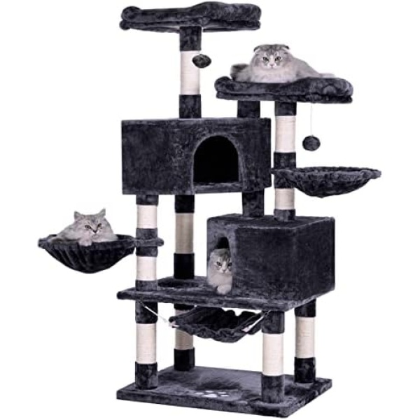 BEWISHOME Multi-Level Cat Tree Condo with Sisal Scratching Posts, Perches, Houses, Hammock and Baskets, Cat Tower Furniture Kitty Activity Center Kitten Play House Grey MMJ05B