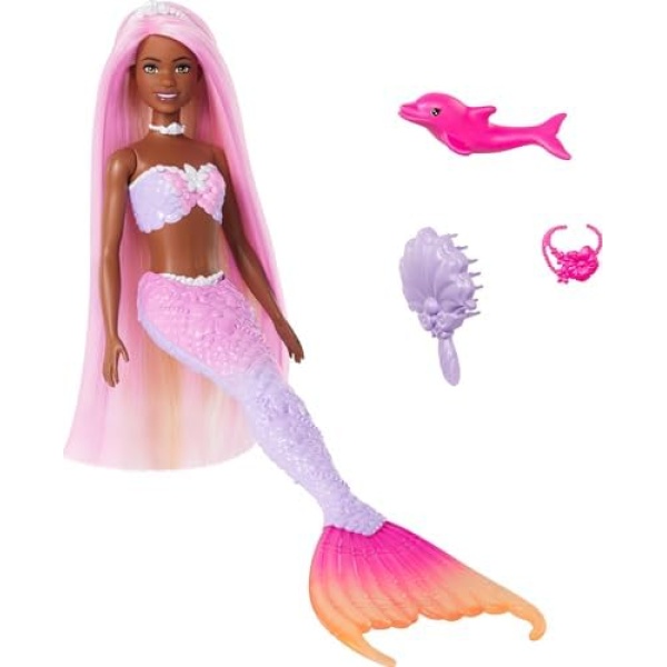 Barbie Mermaid Doll, “Brooklyn” with Pink Hair, Styling Accessories, Pet Dolphin and Water-Activated Color Change Feature