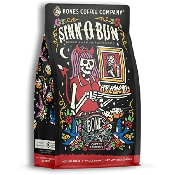 Bones Coffee Company Sinn 'O' Bun Whole Coffee Beans Cinnamon Roll Flavor | 12 oz Medium Roast Low Acid Coffee | Flavored Coffee Gifts & Beverages (Whole Bean)