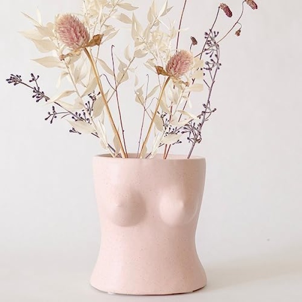 Boob Planter Body Vase Female Form Bust Flower Vases w/Drainage Hole, Speckled Matte Pink Ceramic, Modern Boho Home Decor Cute Small Indoor Plant Pot Feminine Woman Shaped Sculpture Unique Boob Gifts