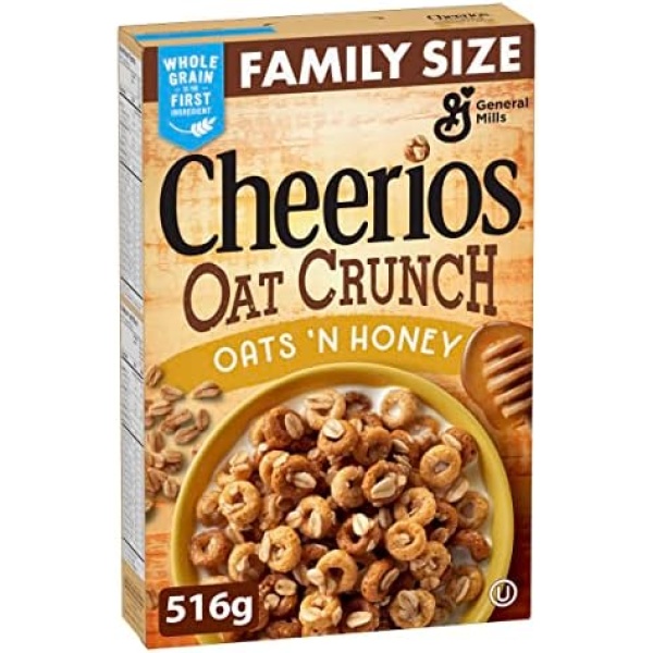 CHEERIOS - FAMILY SIZE PACK - Oats Honey Oat Crunch Cereal Box, No Artificial Colours, No Artificial Flavours, Whole Grains, 516 Grams Cereal Package