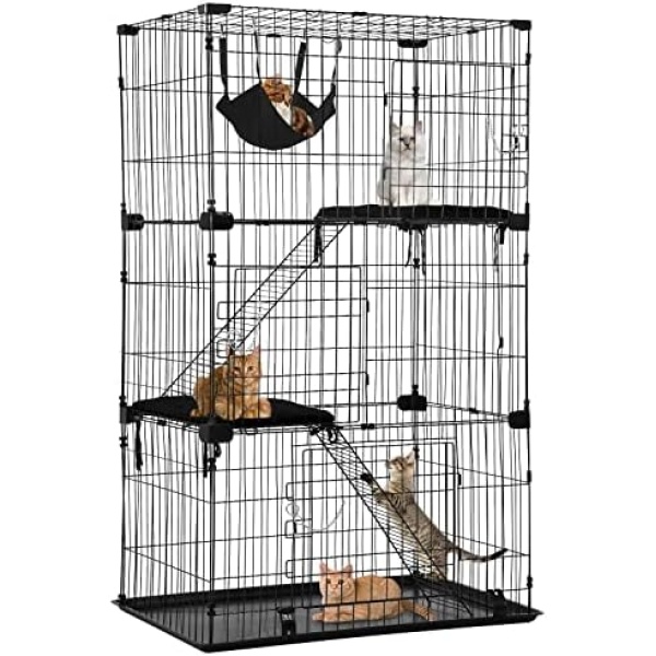 Cat Cage Cat Crate Cat Kennel Cat Playpen with Free Hammock 3 Cat Bed 3 Front Doors 2 Ramp Ladders Perching Shelves,67 inches