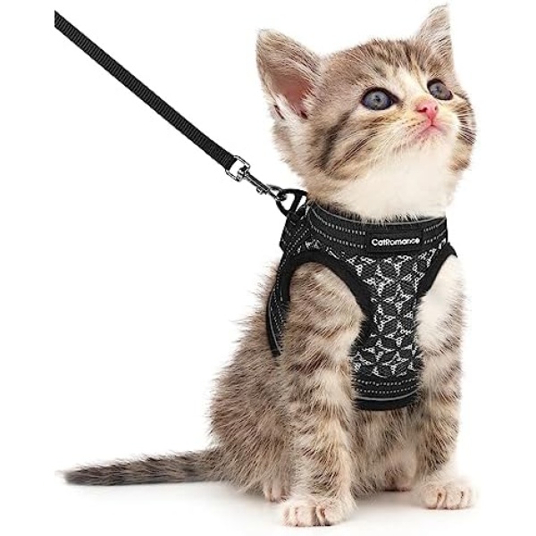 CatRomance Cat Harness and Leash Escape Proof, Adjustable Cat Harness for Extra Small Cat, Breathable Soft Kitten Harness with Reflective Strips, Easy Control Cat Harness, Black,Small(Chest 9.0-12.0")