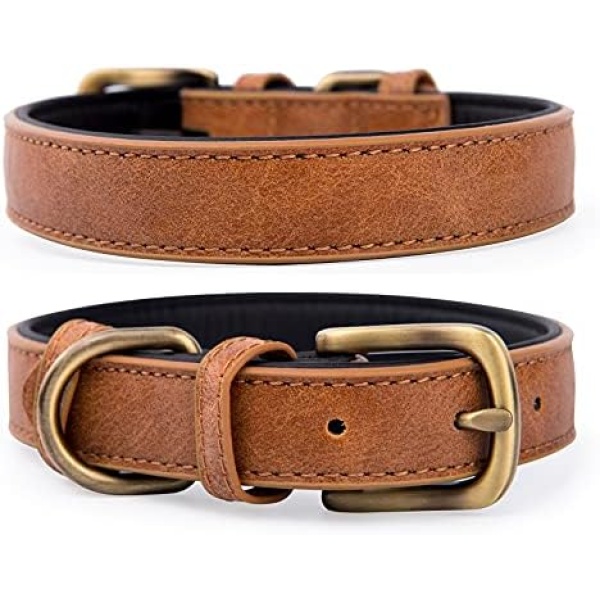 Classic Padded Leather Dog Collar Soft and Strong Adjustable Leather Collar Heavy Duty with Alloy Buckle Collar for Small Medium Large Dog