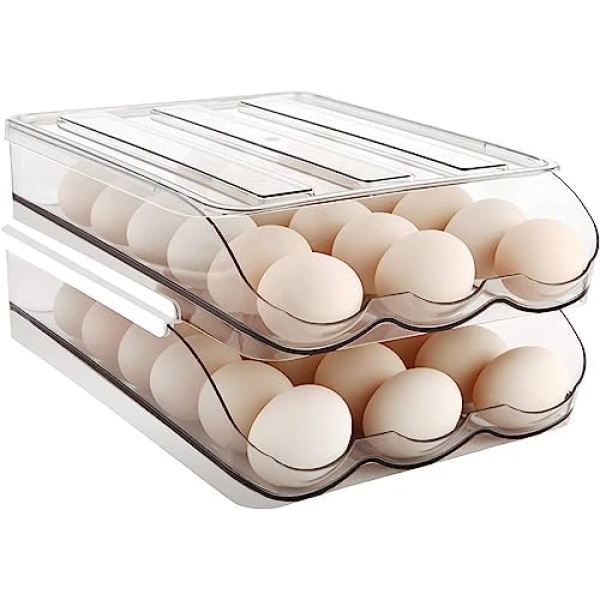 DELIDELI Egg Holder for Refrigerator, Automatically Rolling Egg Storage Container, Large Capacity Egg Organizer for Fridge with Lid, Clear Plastic Egg Dispenser, Egg Tray Bin Organizers (2 Layer)