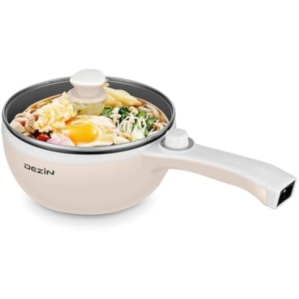 Dezin Electric Hot Pot Upgraded, Non-Stick Sauté Pan, Rapid Noodles Cooker, 1.5L Mini Pot for Steak, Egg, Fried Rice, Ramen, Oatmeal, Soup with Temperature Control, Beige (Egg Rack Included)