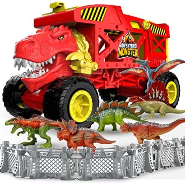 Dinosaur Toys Transport Truck Playset for Kids, Red Tyrannosaurus Vehicle Carrier Truck Toys for 3 4 5 6 7 Years Old Kids, T-Rex Car Toy with 6 Dino Figures & Fences, Gift for Toddlers Boys Girls