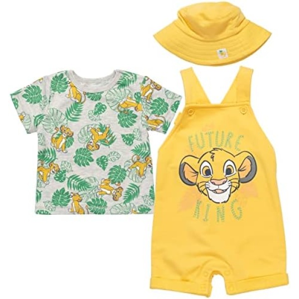 Disney Lion King Pumbaa Timon Simba Baby French Terry Short Overalls T-Shirt and Hat 3 Piece Set Newborn to Infant