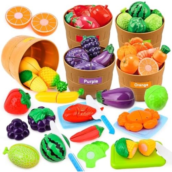 Fegalop Play Food Montessori Toys Color Sorting Set, Cutting Play Food, Fruits and Vegetables Toy, 35 Piece Set, Toddlers Pretend Play Educational Toys Birthday Gifts for Boys Girls