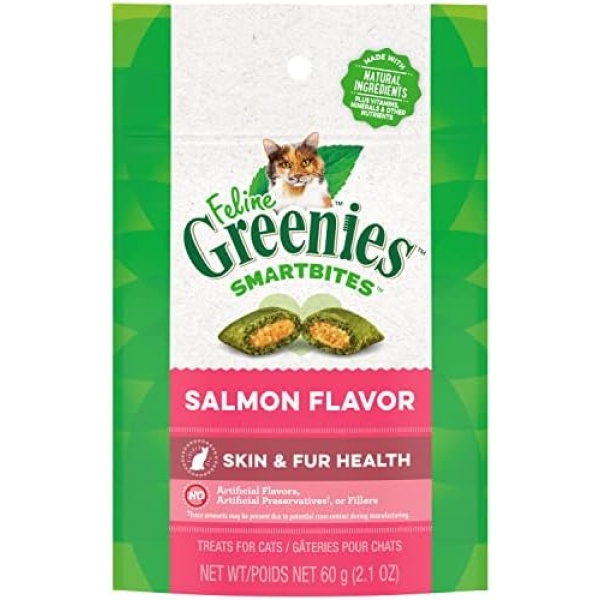 Feline Greenies Smartbites Healthy Skin and Fur Treats for Cats Salmon Flavor 2.1 Oz.