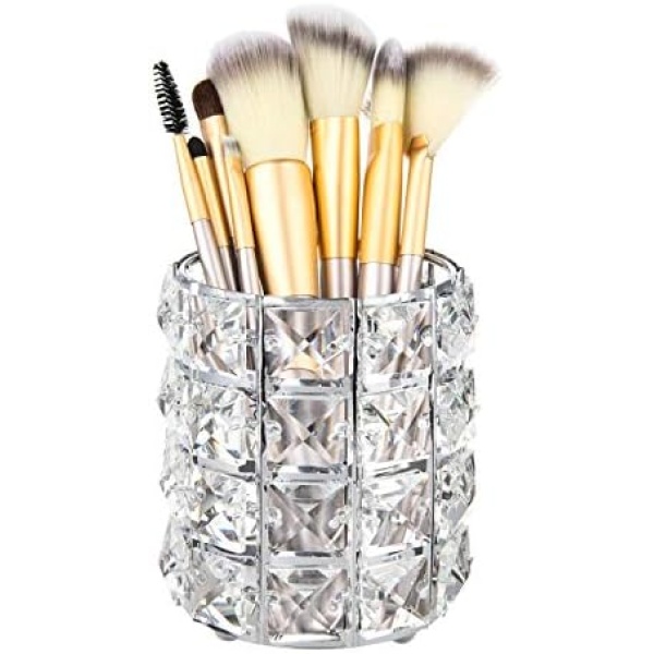 Feyarl Crystal Makeup Brush Holder Silver Bling Handcrafted Hair Tool Holder Comb Brush Pen Pencil Cups Storage Cosmetic Tools Organizer Container Tea Light Candle Holder