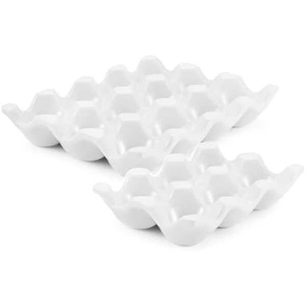 Flexzion Ceramic 12 + 6 Cups Egg Tray - 18 Porcelain Egg Holder Container Keeper Storage Organizer Decorative Serving Stand Serveware for Refrigerator Fridge Countertop Display Kitchen (White)