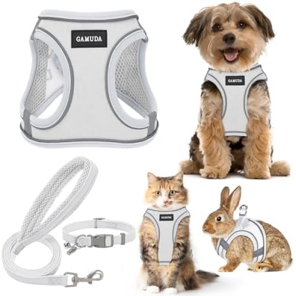 GAMUDA Small Pet Harness Collar and Leash Set, Step in No Chock No Pull Linen Fabric Soft Mesh Dog Vest Harnesses Reflective for Dogs Puppy Cats Kitten Rabbit (XXS, White)