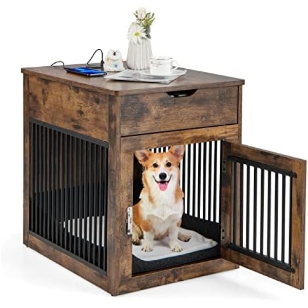 Giantex Dog Crate Furniture, Dog Kennel End Table with Chew-Proof Metal Fence, Lockable Door, Storage Drawer, Wired and Wireless Charging, Wooden Pet Cage Side Table Indoor (Rustic Brown)