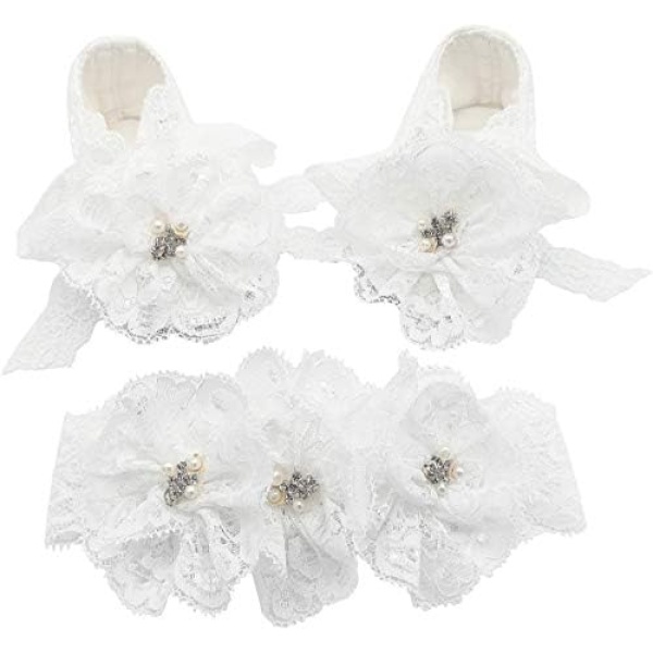 Glamulice Baby Girls Infant Christening Baptism Lace Newborn Photo Shoot Communion Shoes and Headband Set