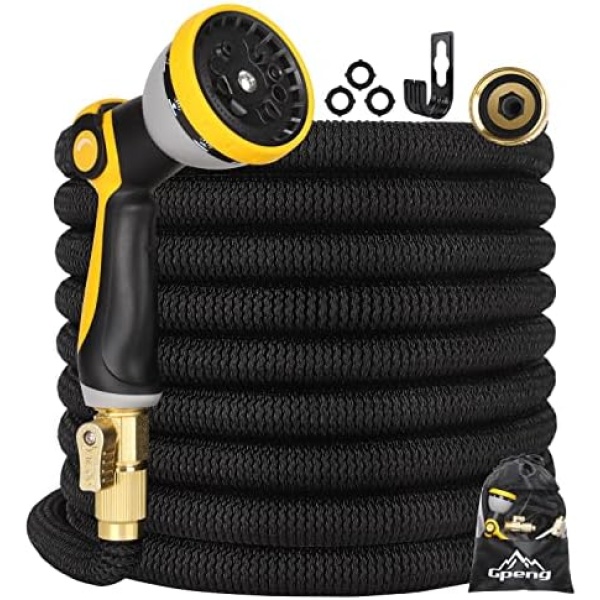 Gpeng Garden Hose, Expandable Water Hose 100 ft with 10 Function Nozzle,Triple Core Latex and 3/4" Solid Brass Fittings, Kink Free Retractable Collapsible Gardening Flexible Hose Pipe (Black)