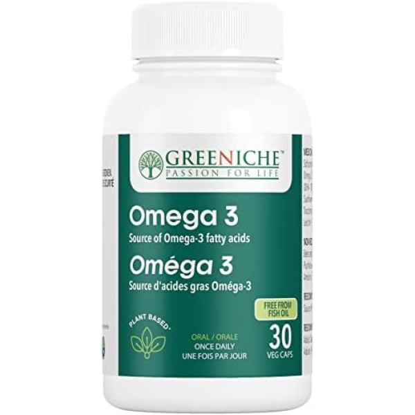 Greeniche Natural Vegan Omega 3 Supplement, 30 Capsules, Source of Omega 3 Fatty Acids DHA/EPA, Plant Based Formula, Easy to Swallow, Easy to Digest, One Capsule a day, 100% vegetarian, Gluten Free, Dairy Free, Soy Free, NON-GMO, Halal & Kosher