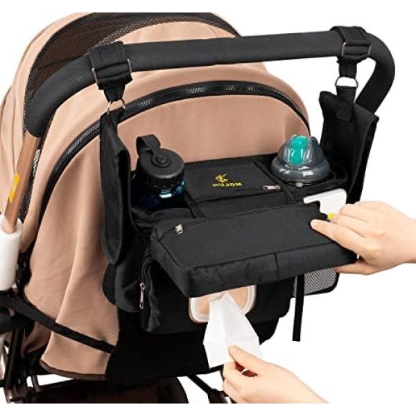 HUJOM Universal Stroller Organizer with Insulated Cup Holders, Shoulder Strap, Phone Bag and Wipes Pocket. Caddy Fits Uppababy, Baby Jogger, Britax, BOB. Must have Stroller Accessories.