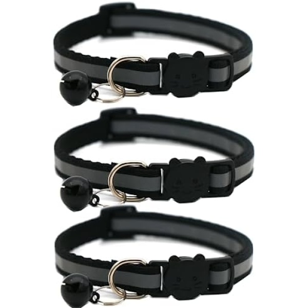 Hepplly 3 Pack Cat Collars Quick Release Reflective Kitten Collar with Bell & Safety Release (Black)