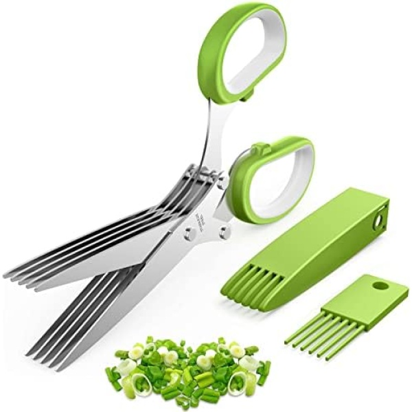 Herb Scissors, Kitchen Herb Shears Cutter with 5 Blades and Cover, Sharp Dishwasher Safe Kitchen Gadget - Green