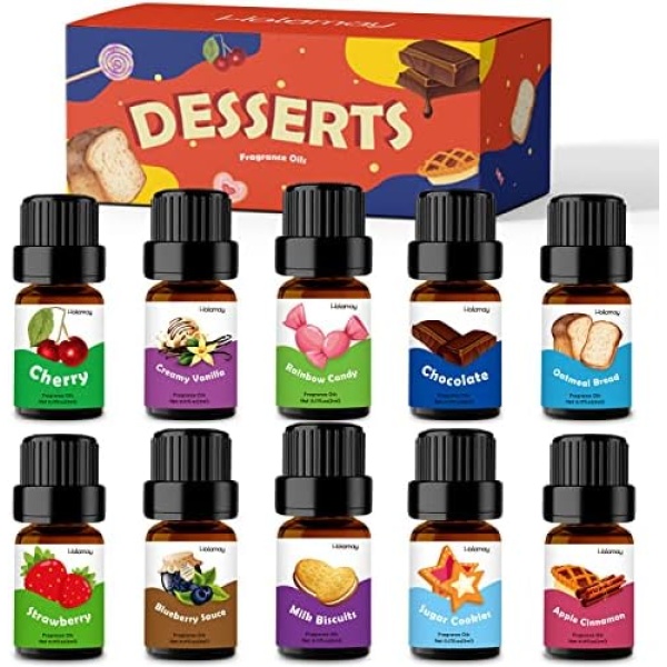 Holamay Dessert Fragrance Oils, Scented Oils Set of 10 Sweet Soap & Candle Making Scents - Creamy Vanilla, Apple Cinnamon, Cookies and More, Aromatherapy Diffuser Oils, Holiday Essential Oils Set