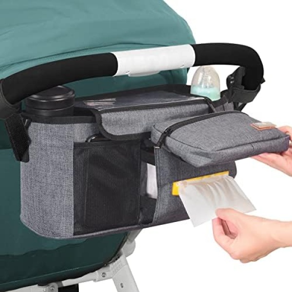 Homlynn Baby Stroller Organizer with Cup Holders, Universal Stroller Accessories Caddy Storage Bag With Detachable Bag & Shoulder Straps for Carrying Diaper, Phone, Keys, Toys & Snacks(Grey)