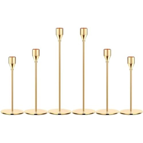 InciFuerza 6Pcs Gold Taper Candle Holders Set, Modern Decorative Candlestick Holder for Home Decor, Dining, Party, Wedding, and Anniversary (6Pcs Gold)